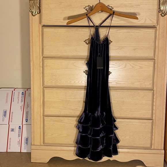 NWT Marissa Webb Blue silk Everleigh velvet ruffle strappy holiday mini dress - Picture 7 of 16